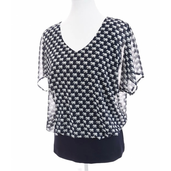 Cabi Navy Blue White Elephant Print Chiffon Overlay Layered Blouse Womens Sz S - Picture 8 of 13